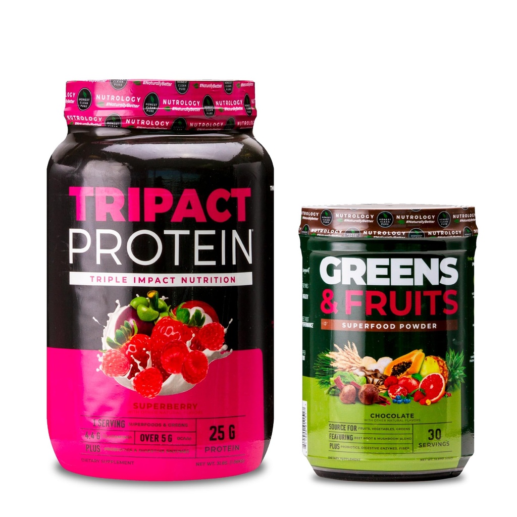 Nutrologie TRIPACT Proteïnepoeder, 7-in-1 Maaltijdvervangingsshake, Superberry (40 Servings) Groen & Fruit Poeder-Naturally Sourced Superfood, Chocolade (30 Servings)