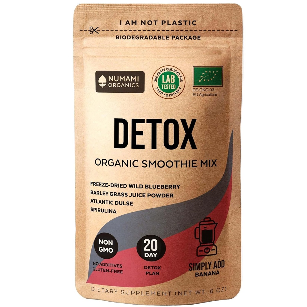 Numami Biologische Detox Blueberry Smoothie Powder met gezonde Spirulina, Atlantic Dulse en Barley Grass Juice Powder, Premium Quality superfood uit Europa