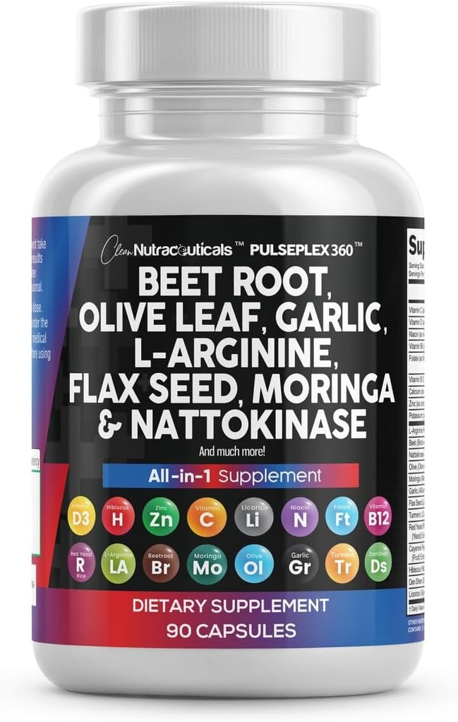 Clean Nutraceuticals Beet Root Capsules Olive Leaf Nattokinase Garlic Extract L-Arginine Omega 3 Red Yeast Rice Hibiscus Danshen - Healthy Support Supplement - 90 Ct
