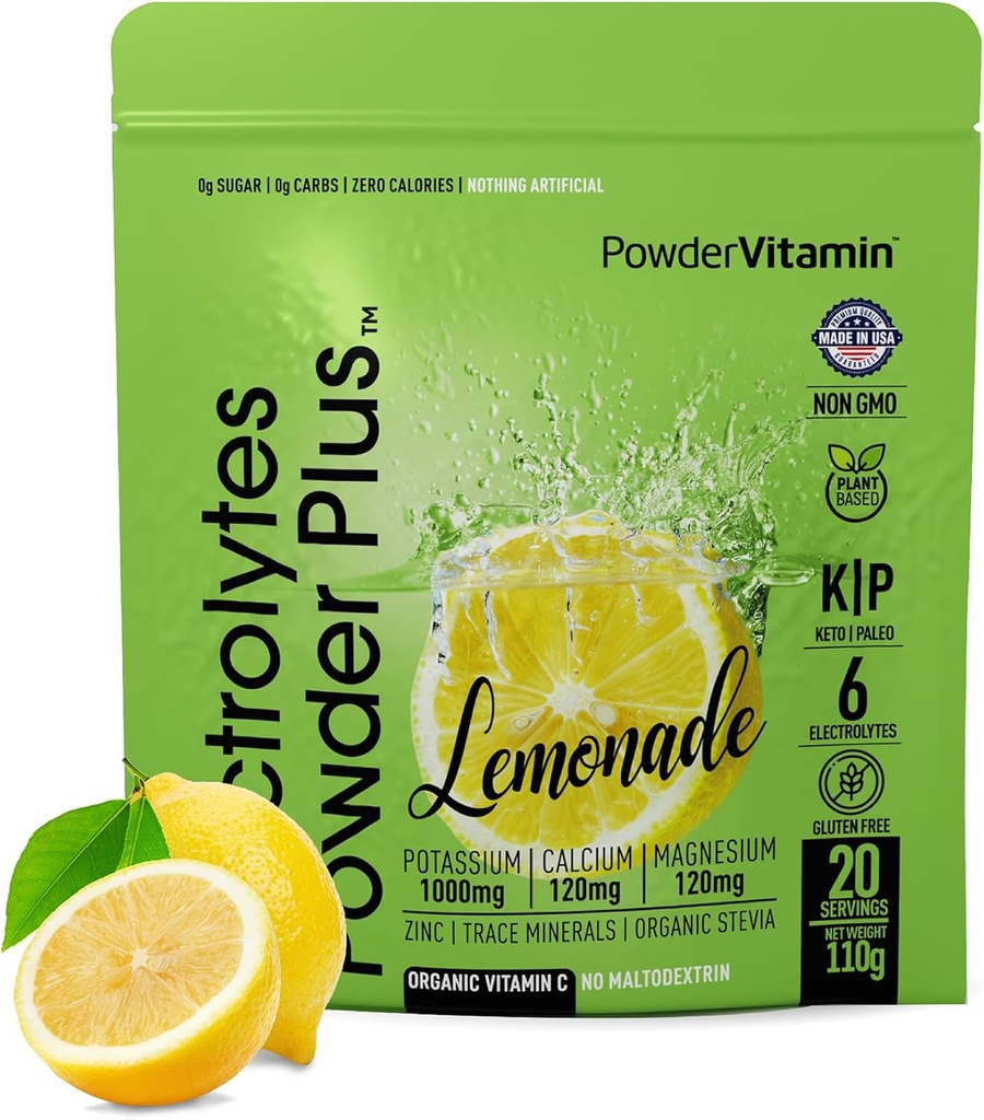 PoederVitamine Electrolytes Powder Plus (20 porties) Limonade Electrolyte Powder, No Maltodextrine, Keto, Sugar Free, Pink Himalaya Salt,1000mg Kalium,120mg Calcium,120mg Magnesium, Hydratatiepoeder