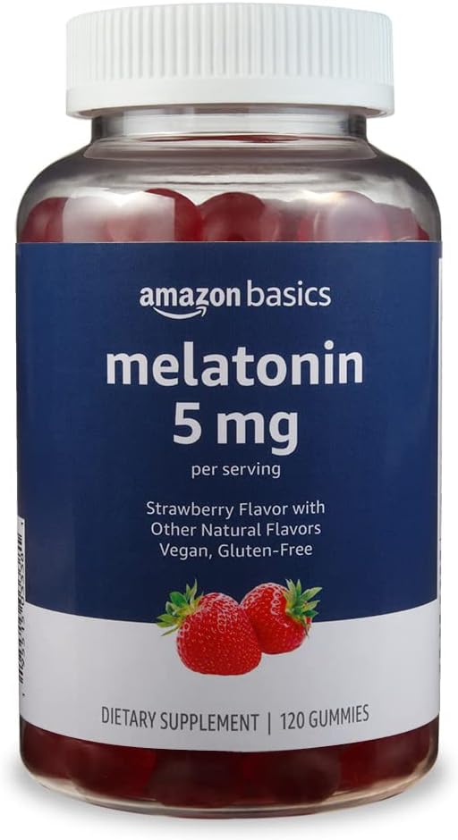 Basics Melatonine, Slaap Ondersteuning Gummies, Aardbei smaak, 5mg, 120 Tellen (voorheen Solimo)
