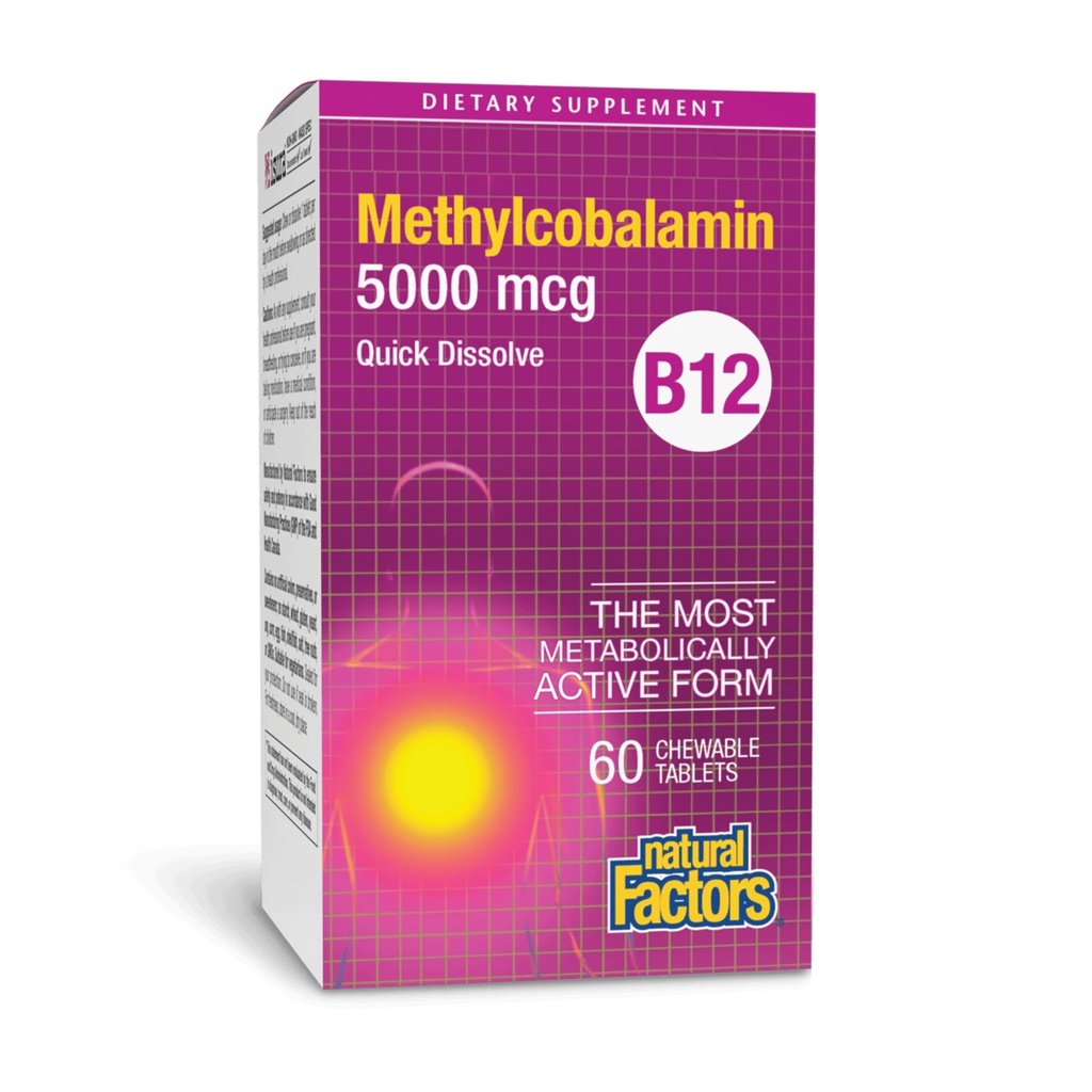 Natuurlijke Factoren, Vitamine B12 Methylcobalamine 5000 mcg, Kauwbare Ondersteuning voor Energie en Immune Gezondheid, Vegetarisch, 60 tabletten (60 porties)