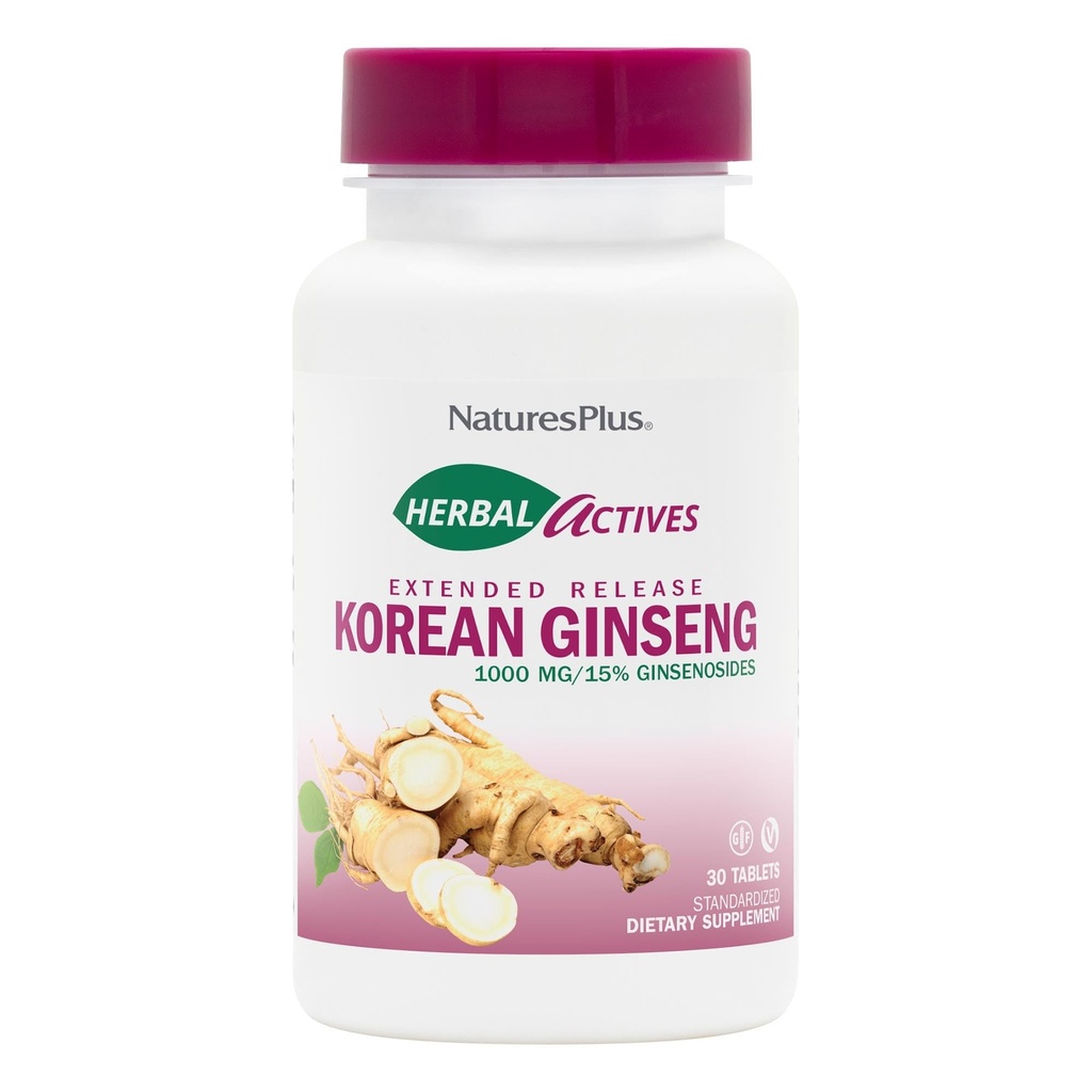NaturesPlus Herbal Actives Korean Ginseng, Extended Release - 1000 mg, 30 Vegan tabletten - Adaptogeen Kruidensupplement, Antioxidant - Vegetarisch, Glutenvrij - 30 porties