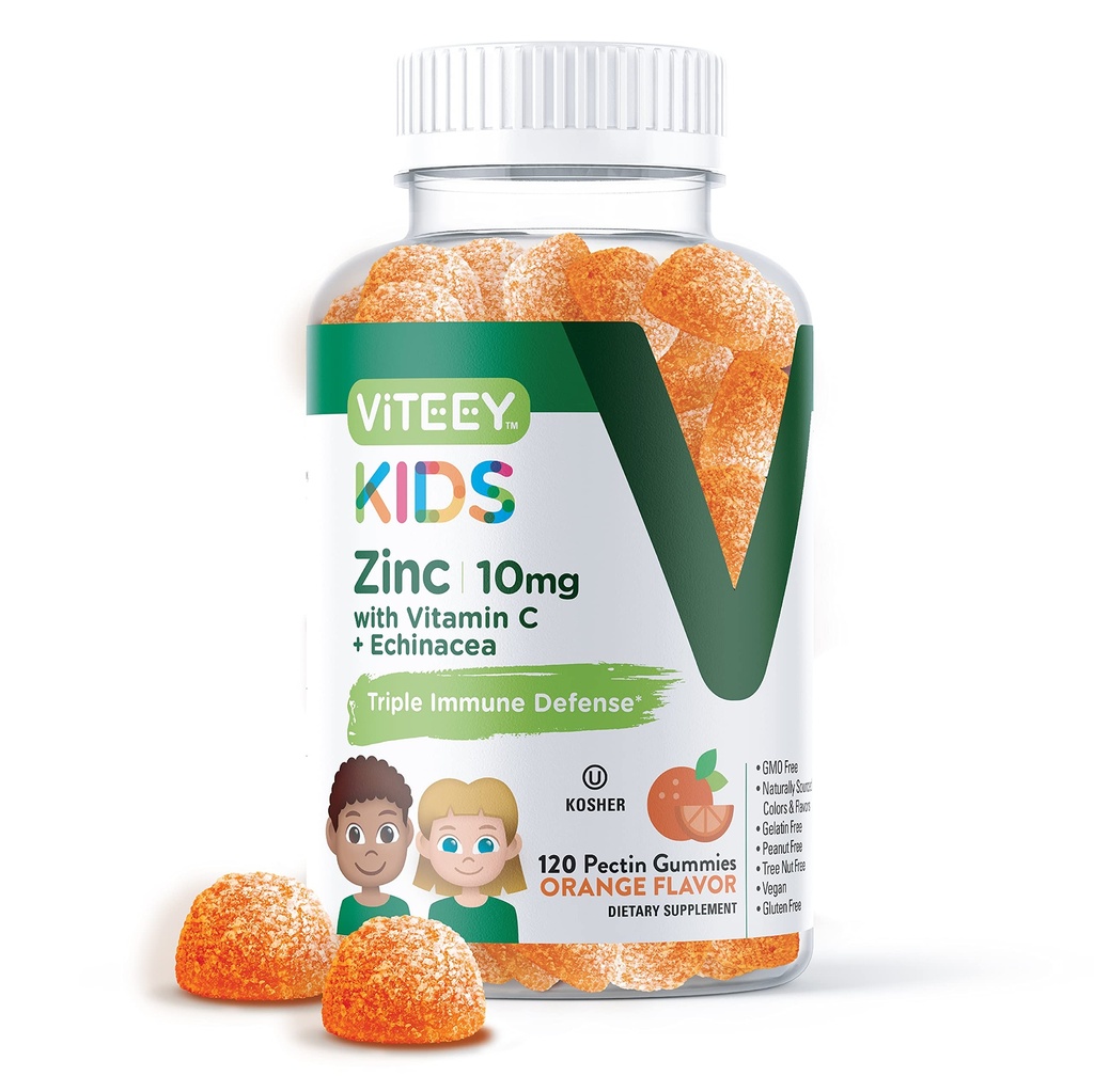 Viteey Zink voor kinderen Gummies 10mg, met vitamine C & Echinacea - Immune Support, Krachtige natuurlijke antioxidant, Kids Zink Vitamine Supplement - Vegan, Gelatine Gratis - Smakelijke Kauwbare Oranje Smaak Gummy