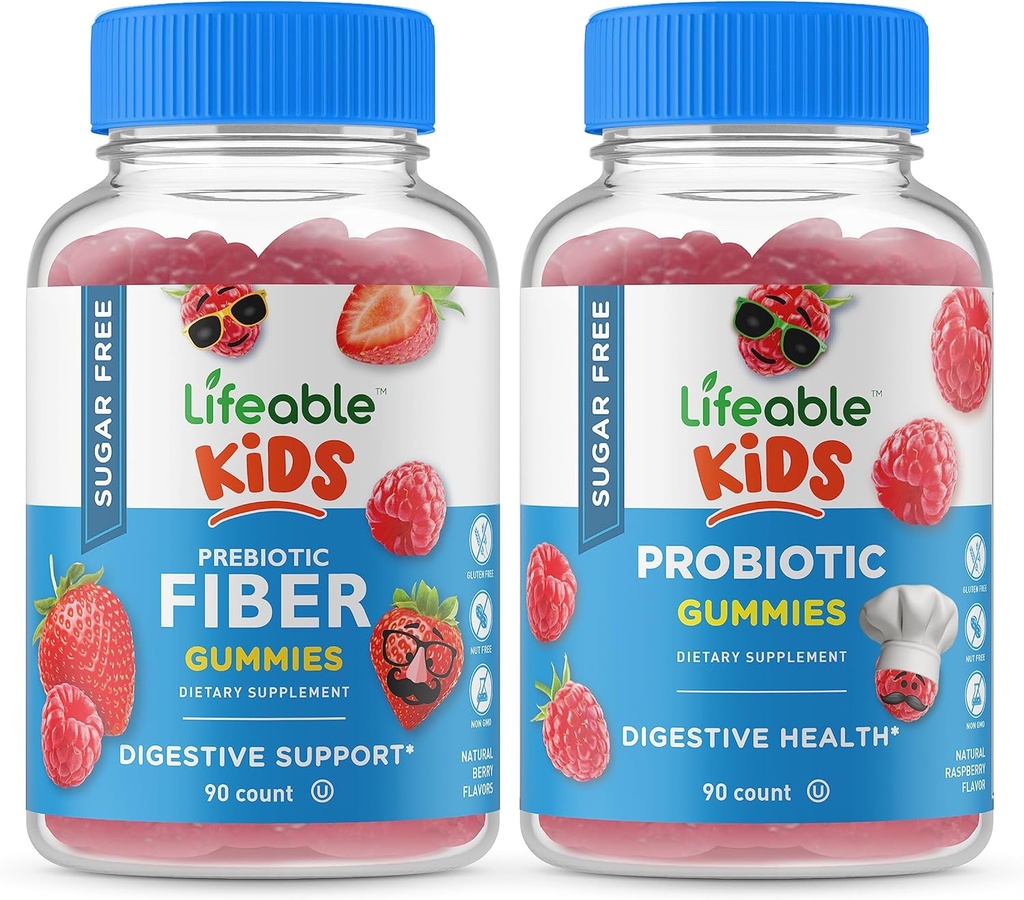 Lifeable Sugar Free Preciotic Fiber Kids + Probiotic + Prebiotic Fiber Kids, Gummies Bundle - Great Tasting, Vitamin Supplement, Gluten Free, GMO Free, Chewable Gummy