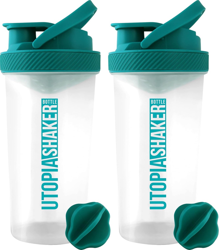 Utopia Home Protein Shaker Bottle - (Pack of 2) 28-Ounce Shaker Bottles For Protein Mixes - Fitness Sports Classic Protein Mixer Shaker Bottle (Clear/Teal)