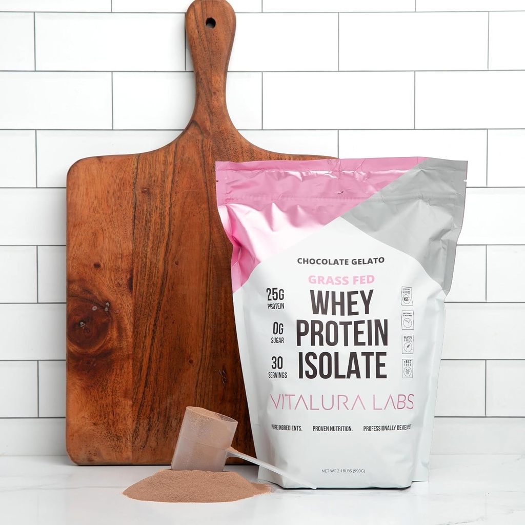 Vitalura Labs Grass-Fed Wei Proteïne Isolaat - Proteïne 25g (DV 50%) Per portie - 100% Wei Isolaat - NSF Content Gecertificeerd - Chocolade Gelato Gelato Gearomatiseerd - Geen Fillers - Easy Digesting - 30 porties