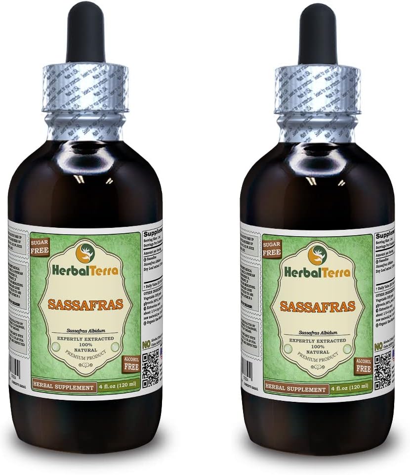 Biologische Sassafras (Sassafras Albidum) Glyceriet, gedroogde bladeren Alcoholvrije vloeistofextract (Grote naam: HerbalTerra, Trots Made in USA) 2x4 fl.oz (2x120 ml)