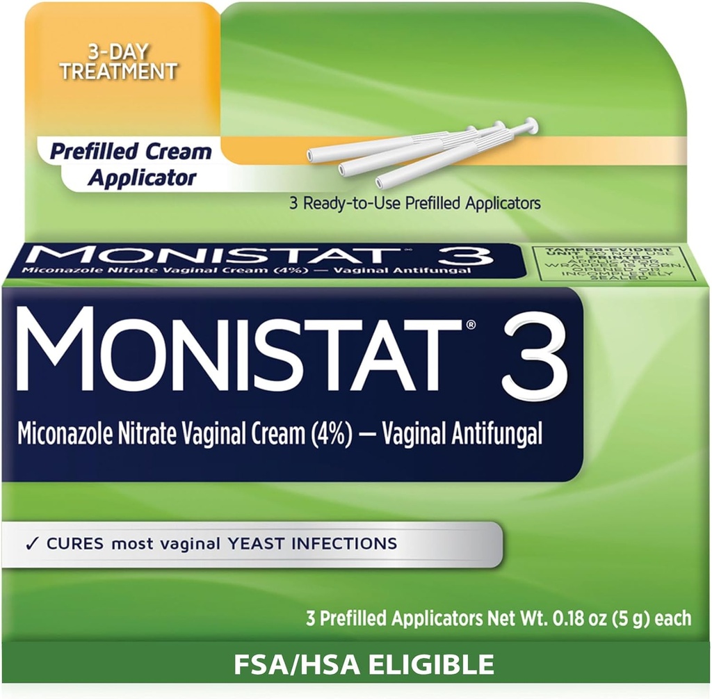 Monistat 3 Day Yeast Infection Treatment for Women, 3 Miconazole Pre-Filled Cream Applicators, 1 Pack