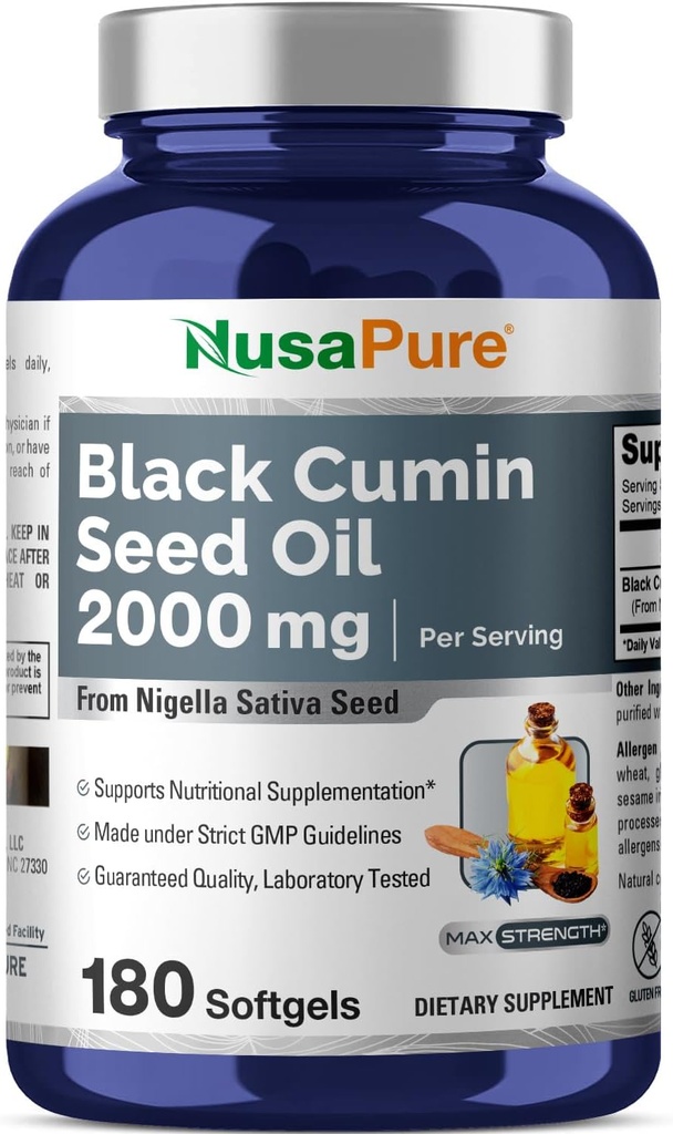 NusaPure Black Seed Oil 2000mg per portie - 180 Softgel Caps (Non-GMO, Glutenvrij) Cold-Pressed Nigella Sativa