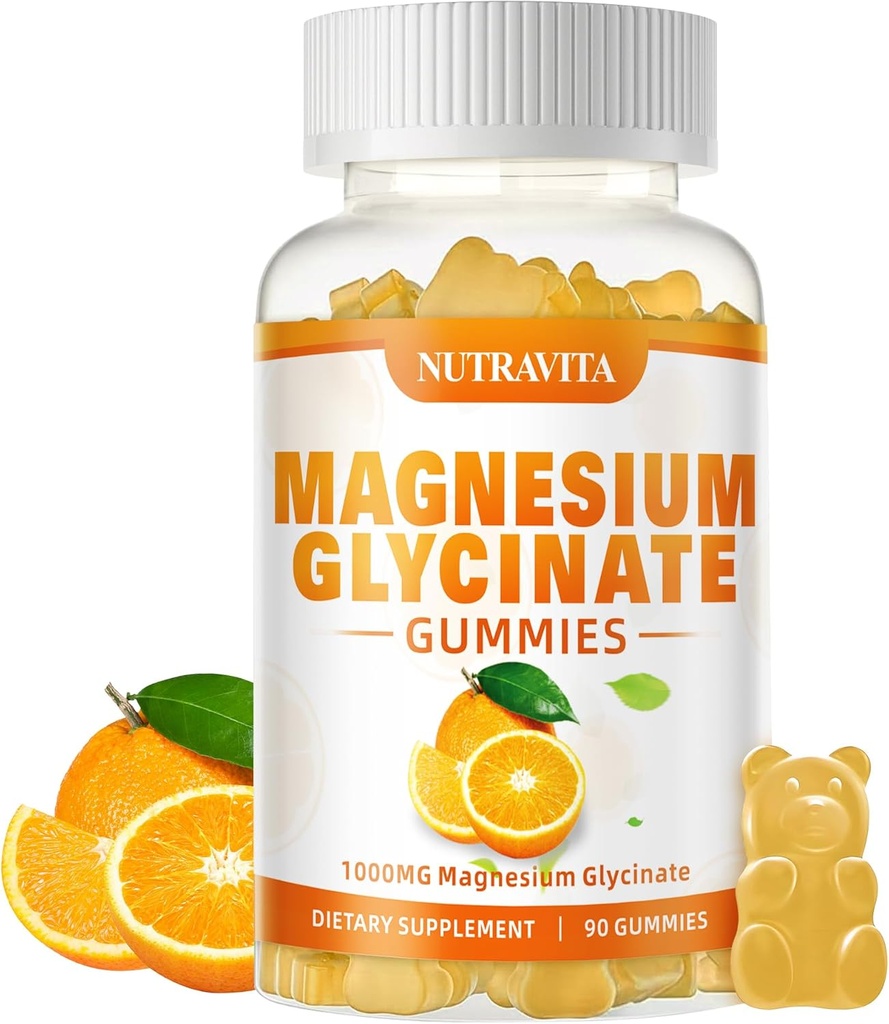 Magnesium Glycinate Gummies 1000mg met Magnesium L-Threonaat, Gecheld Magnesium Kalium Complex Supplement met VitD, B6, CoQ10, Calcium, Ondersteuning voor Geheugen, Kalm, Mood - 90 Gummies Orange
