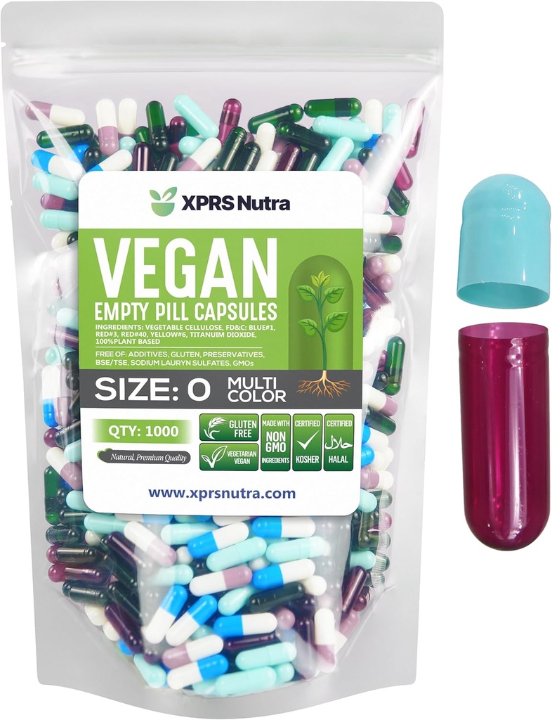 XPRS Nutra Maat 0 Lege capsules - 1000 Graaf Lege Vegan Capsules - Vegetarische pillen- DIY plantaardige capsule vullen- Veggie pils Caps voor Do-It-Yourself Supplements (Multi Color)