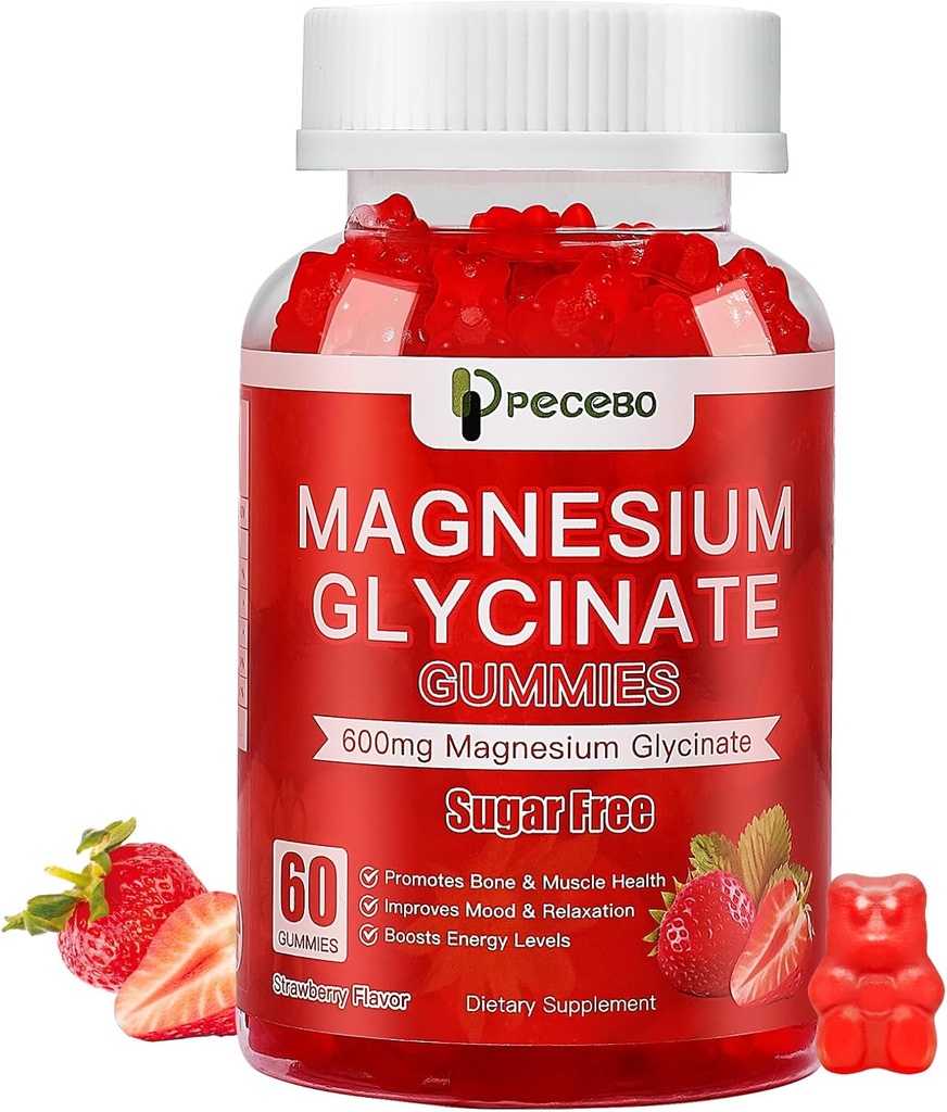 Magnesium Glycinate Gummies 600mg, Suikervrij Magnesium Gummies voor volwassenen, Hoge Absorptie Magnesium Supplement voor Stress & Muscle Relief & Nerve Health, Non-GMO, Glutenvrij, Veganist, 60 Tel.