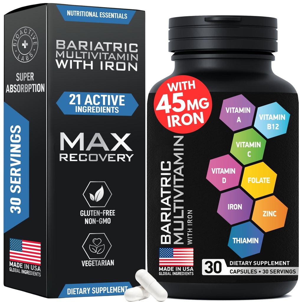 Bariatrische Multivitamine met Ijzer voor Vrouwen & Mannen - Post Gastric Bypass Vitaminen en Gastric Sleeve Bariatric Iron Vitamin Multivitaminen -Non-GMO, Glutenvrije -Een dag, 30 Capsules