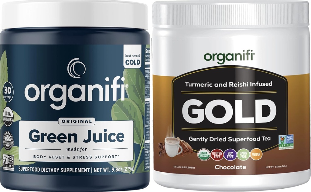 Organifi Green Juice Superfood Powder (30 porties) en Gold Chocolate (20 porties) - Gewichtscontrole, Detox Reiniging, Rustige Slaap, Stress Relief en Immunity Ondersteuning - Glutenvrij, Veganistisch, Whole Food