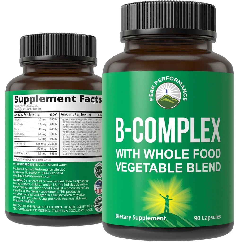 Vitamin B Complex Capsules + Whole Food Blend of 25 Vegetables and Fruits for Max Absorption. Best Vegan B-Complex Supplement with Vitamin B1, B2, B3, B5, B6, B7, B9 and B12. 90 Capsules. Energy Boost