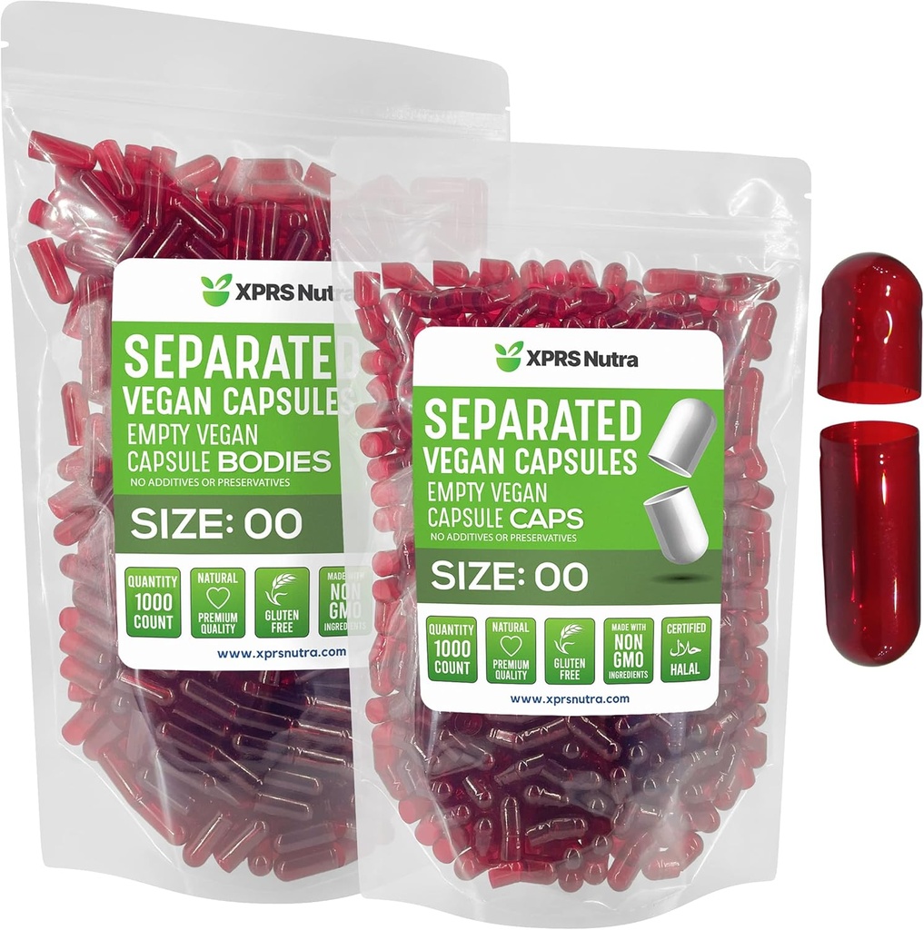 XPRS Nutra Vegan Maat 00 Gescheiden Capsules - 1000 Tel Premium Lege Capsules Gescheiden in zakken - 00 Pillen Leeg voor doe-het-zelf-supplement vullen (vrij rood)