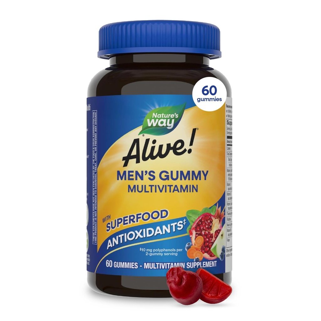 Nature's Way Alive! Men’s Multivitamin Gummies, Daily Gummy Vitamin for Men, Supports Cellular Energy Metabolism, Immune Health, Muscle Function*, with Vitamins A, C, D3, Zinc, Vegetarian, 60 Count