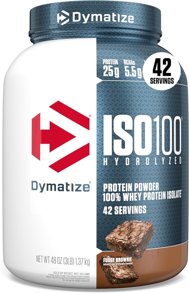 Dymatize ISO100 Wei Proteïnepoeder Isolaat, Fudge Brownie, 25g proteïne, 3 pond, 5.5g BCAA's, minder dan 120 Cal., Glutenvrij, 1g Vet, 1g Suiker, 2g Carb (42 Servers)