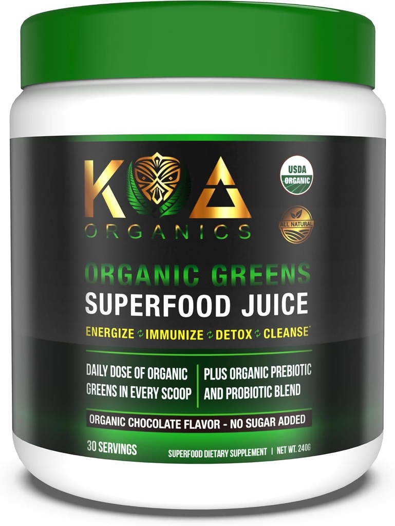 Greens Superfood Juice Powder - USDA Organic Super Greens Powder with with Spirulina, Chlorella, Matcha, Wheat Grass, Digestive Enzymes & Probiotics - Chocolate Flavor -30 Serv