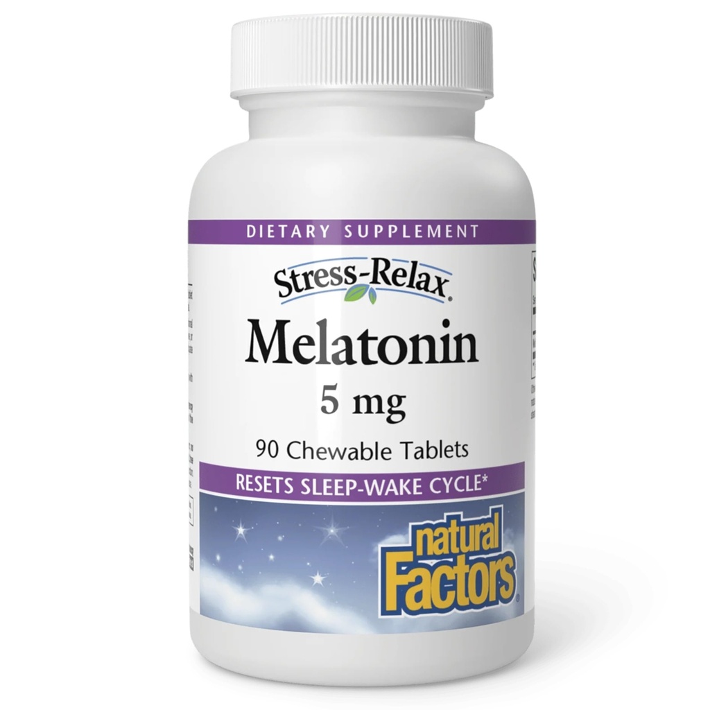 Stress-Relax Melatonine 5 mg by Natural Factors, Natural Sleep Aid, Resets the Sleep-Wake Cycle, 90 kauwtabletten (90 porties), Pepermunt smaak