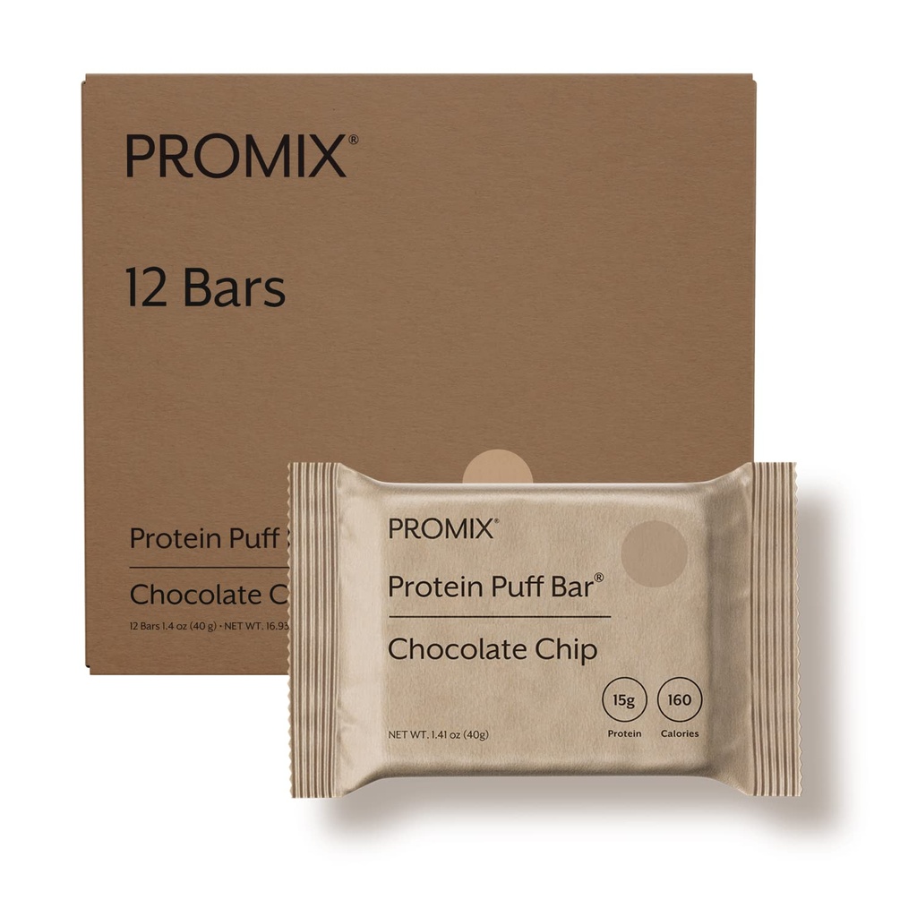 ProMix Nutrition Protein Puff Bars, 12-pack - Chocolate Chip - Marshmallow Crispy Treat - Great Proefing & Healthy On The Go Snack - High Protein & Low Calorie - Non-GMO & Free from Gluten, Soy, & Corn