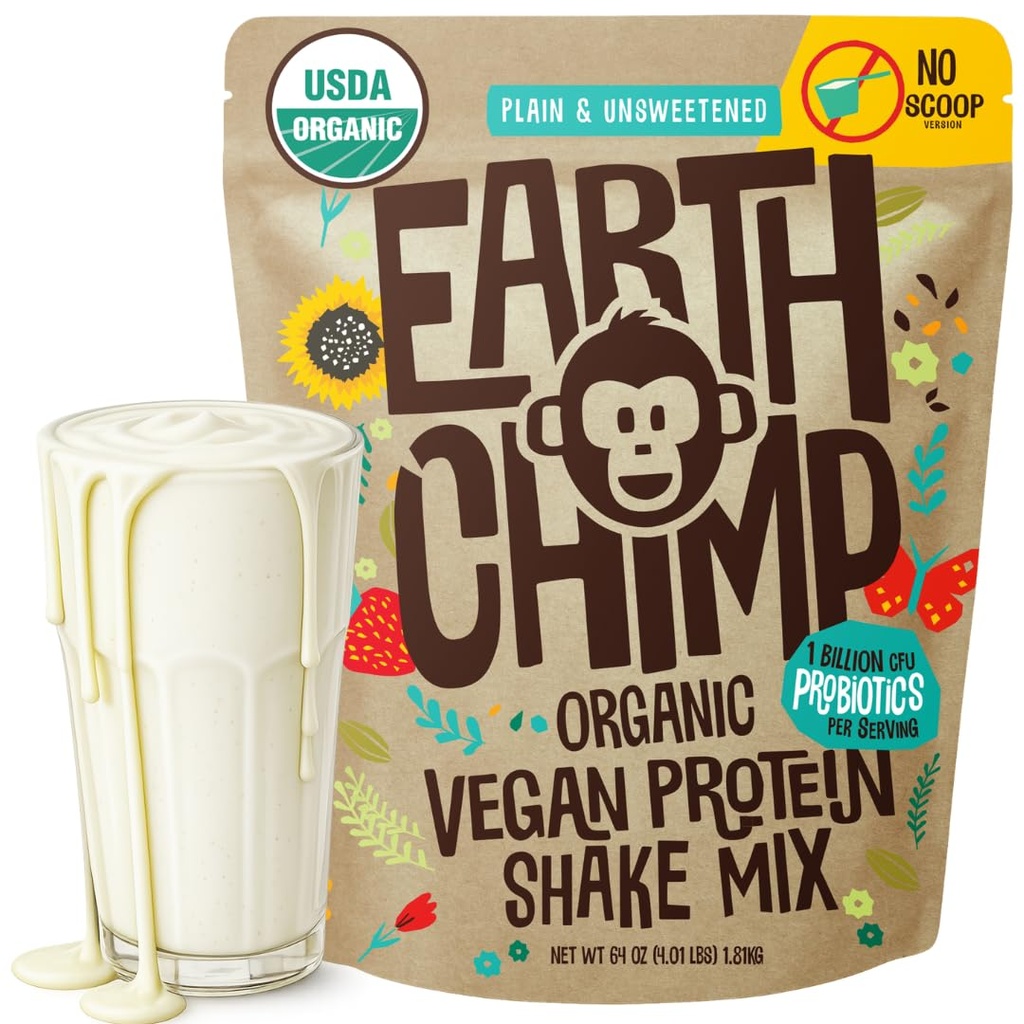 EarthChimp Organic Vegan Protein Powder - with Probiotics - Non GMO, Dairy Free, Non Whey, Plant Based Protein Powder for Women and Men, Gluten Free - 52 Servings 64 Oz (Plain & Unsweetened) No Scoop