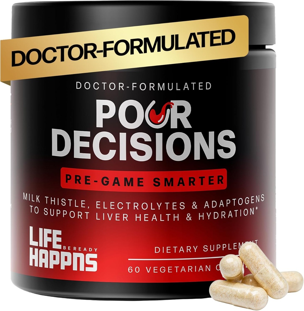Life Happns Pour Decisions Lever Gezondheid Supplement met melkdistel, vitamine B6, Elektrolyten - Ondersteunt Hydratatie en herstel, 60 capsules