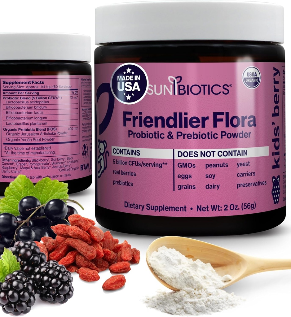 SUNBIOTICS Friendlier Flora - Kids Prebiotic and Probiotic Powder Supplement with 5 Miljard CFUs of 5 Probiotic Strains for Good Gut Flora, Immune System, & Balanced Microbiome - Berry, 2 Ounce