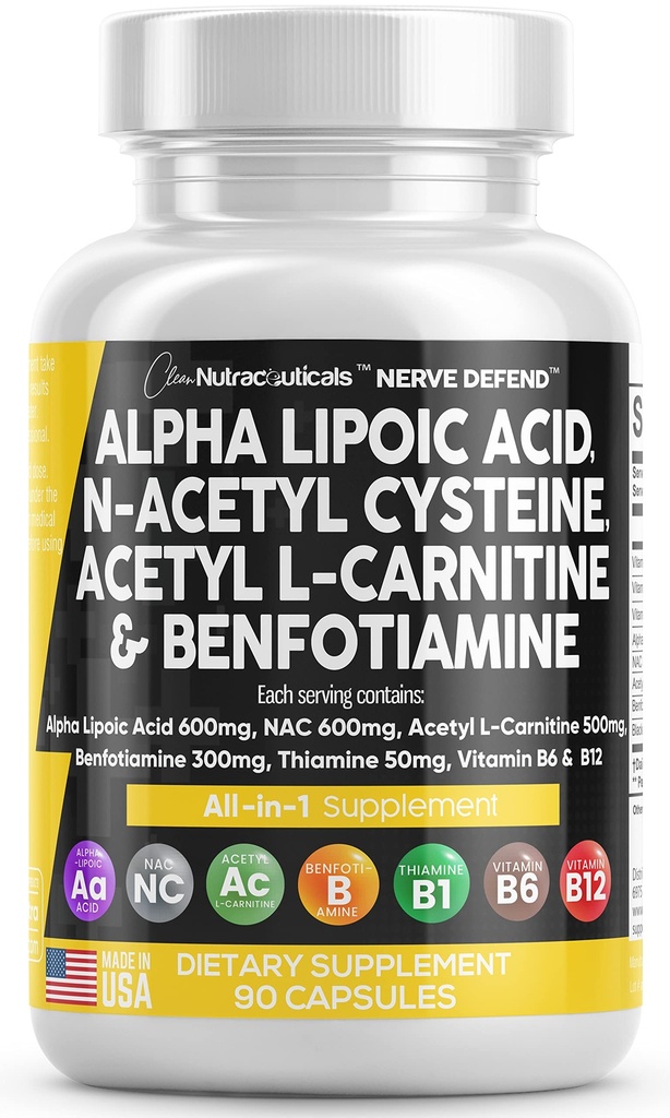 Alpha Lipoïne Acid 600mg N-Acetyl Cysteine 600mg Acetyl L-Carnitine 500mg Benfotiamine 300mg - Zenuwondersteuningssupplement voor vrouwen en mannen met vitamine B1 B6 & B12 - Made in USA 90 Caps