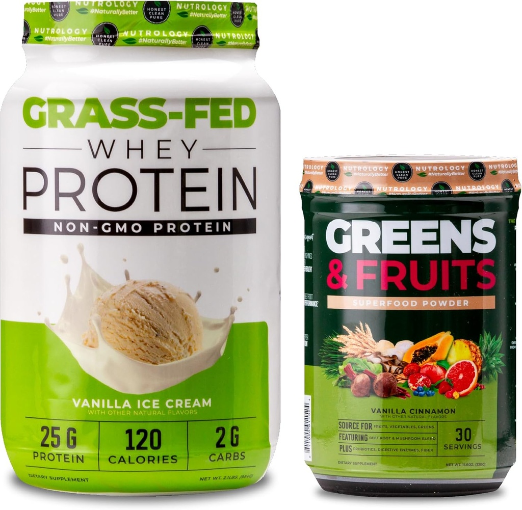 Nutrologie Groenen & Fruiten Poeder-Naturally Sourced Superfood, Vanille Cinnamon (30 Servings) Gras Fed Wei Proteïne Poeder, Vanille Ice Cream Smaak (28 Servers)