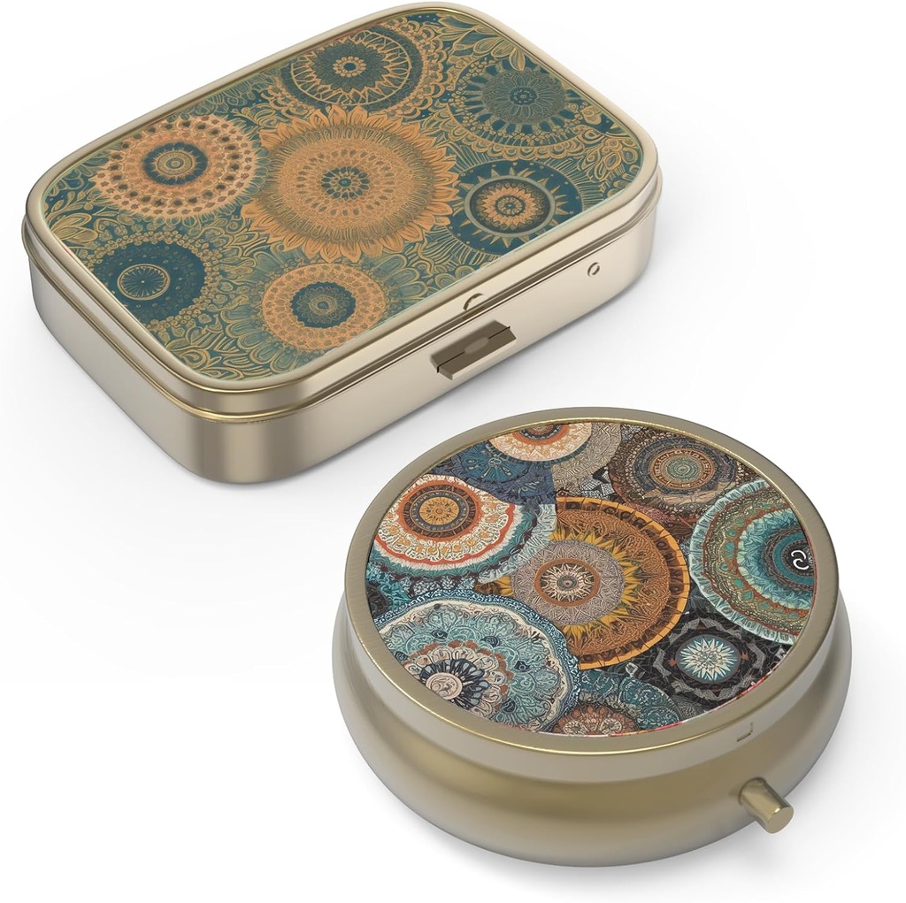 Pillen Organizer pil Box met Spiegel Retro kleine pil geval voor Purse of Pocket bronzen pil Box of vitamines, Visolie, Supplementen, Pill Bevat reizen Gifts(2PCS-Retro Mandala)
