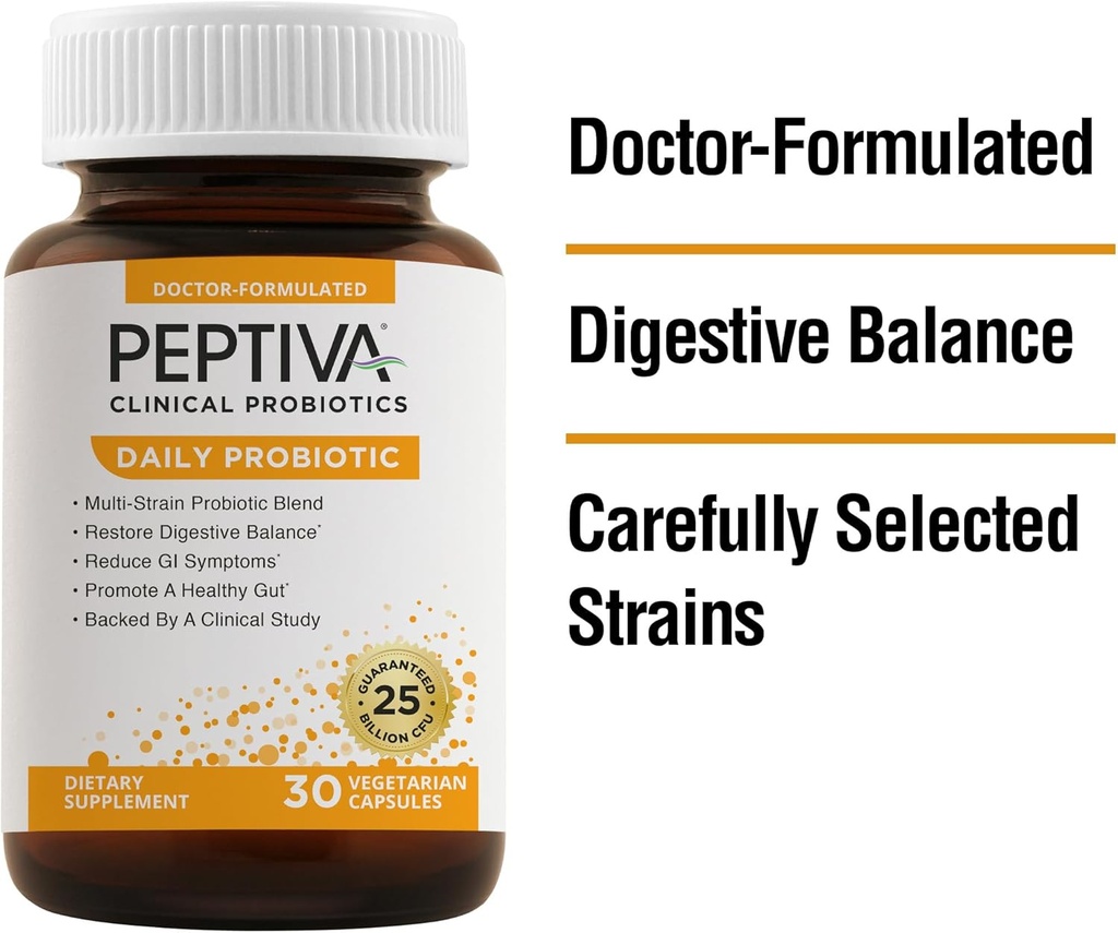Peptiva Daily Probiotic, 25 miljard CFU, Multi-strain Probiotica, Lactobacillus Acidophilus, Bifidobacterium, Digestief Ondersteuningssupplement - 30 Tel.