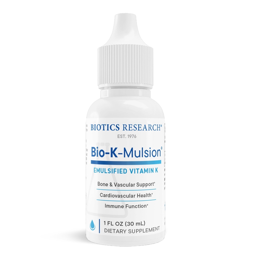 Biotics Research Bio K Mulsion Liquid Vitamin K Drops - 500 mcg/S - Vitamin K1 fytonadion voor volwassenen - VIT K Supplement - Sterke Bones, Hartgezondheid, Bloedstolling Ondersteuning, 1 fl oz
