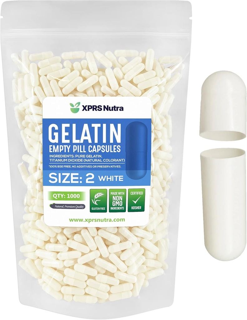 XPRS Nutra Maat 2 Lege Capsules - 1000 Telle Lege Gelatine Capsules - Pillen DIY Capsule Vulling - Pure Bovine Pill Gel Caps for Do-It-Yourself Supplements (White)