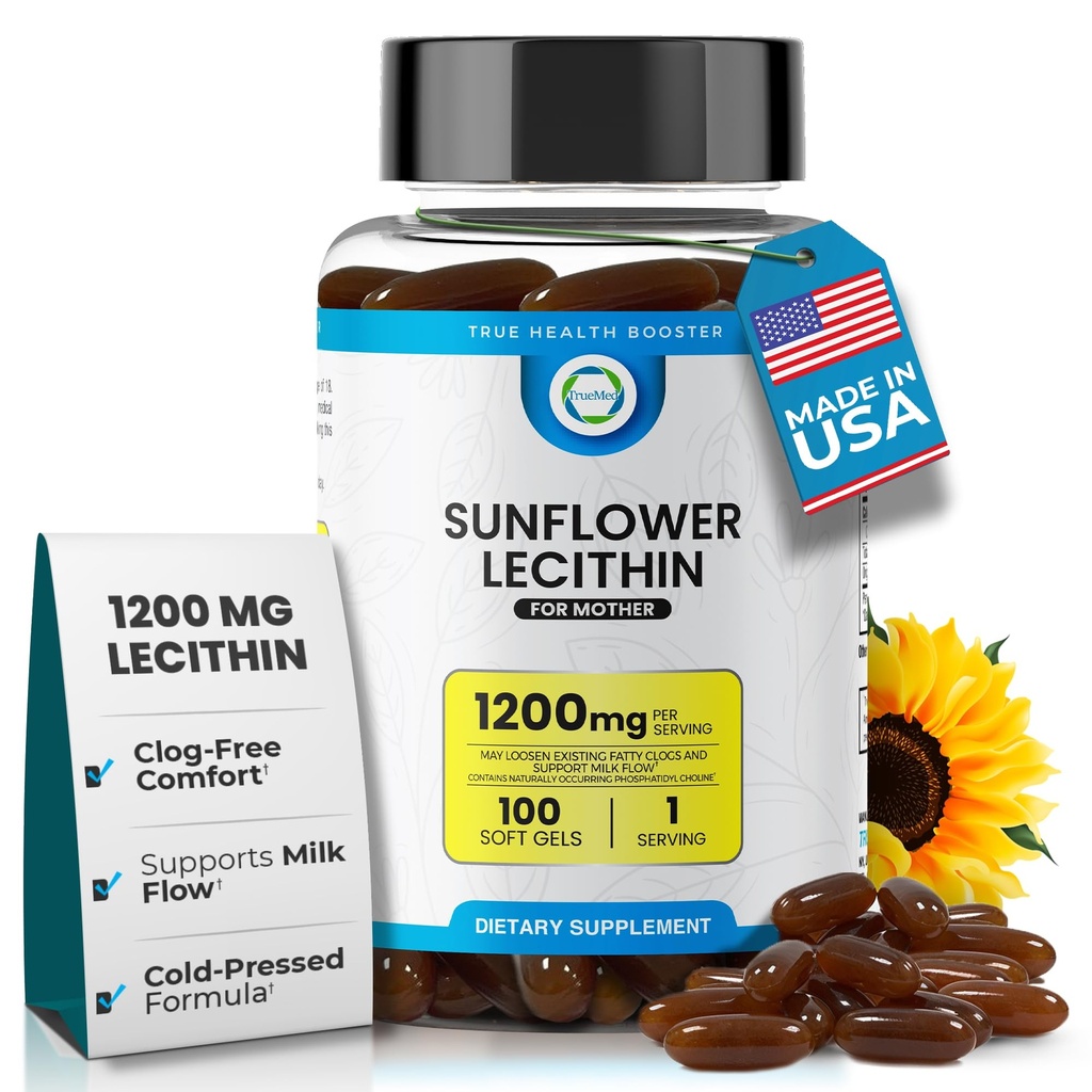 Zonnebloemlecitijn 1200 mg, melkstroom, sojavrije en niet-GMO-ondersteuning voor borstvoeding moeders deblokkert geblokkeerde melkproducten, hersenen, nerve & levergezondheid, fosforlipide-rijk voor moeder 100 Softgel
