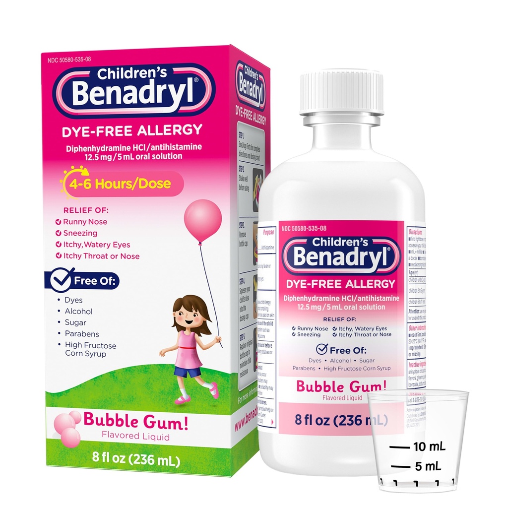 Benadryl Children's Liquid, Kids Allergy Relief Medicine, Dye-, Alcohol-, High Fructose Corn Syrup (HFCS)-Free, Safe for Children 6+ Use Only As Directed, Bubble Gum Flavor, 8 fl oz