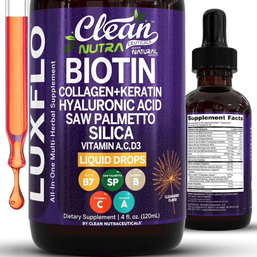 Biotin Liquid Drops Collageen Keratine Hyaluronzuur Zag Palmetto voor haar huid en nagels Silica Vitamine A C Vitamine D Bamboe Turmeric Zink Folate Magnesium Horsetail LuxGlo door Clean Nutra