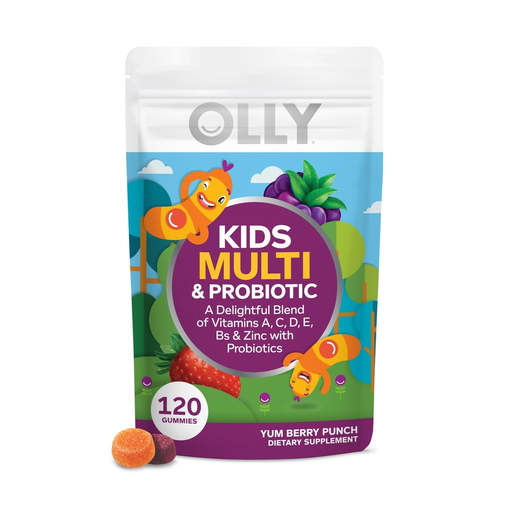 OLLY Kids Multivitamine & Probiotic Gummy, Digestieve Ondersteuning, Vitaminen A, D, C, E, B, Zink, Kauwbare Supplement, Berry smaak, 60 dagen levering - 120 Tel.