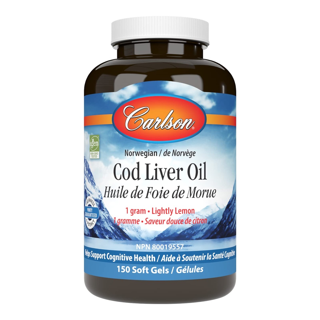 Carlson - Cod Liver Oil Gems, 460 mg Omega-3s + Vitaminen A & D3, Wild-Caught Norwegian Arctic Cod-Liver Oil, Sustainablely Sourced Nordic Fish Oil Capsules, Lemon, 150 Zachte Gels