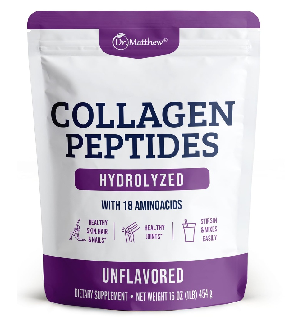 Dr. Matthew Hydrolyzed Collagen Peptides Powder - Unflavored & Grass Fed Protein Supplement voor haar, huid, gewrichten - niet GMO, Keto-Friendly, Type 1 en 3, voor vrouwen en mannen