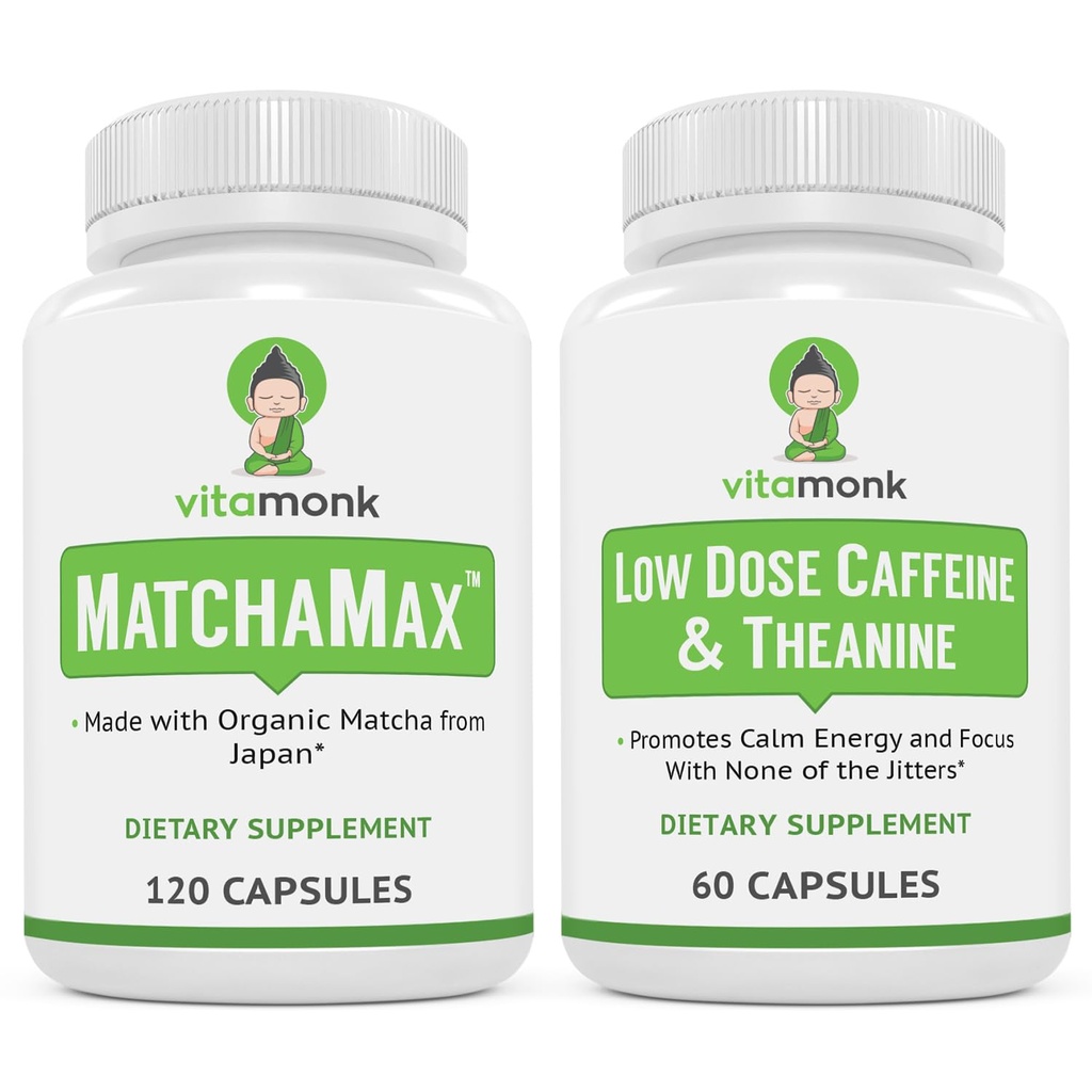 VitaMonk Energy & Focus Bundle: MatchaMax Biologische Japanse Matcha Capsules Lage dosis Cafeïne en Theanine