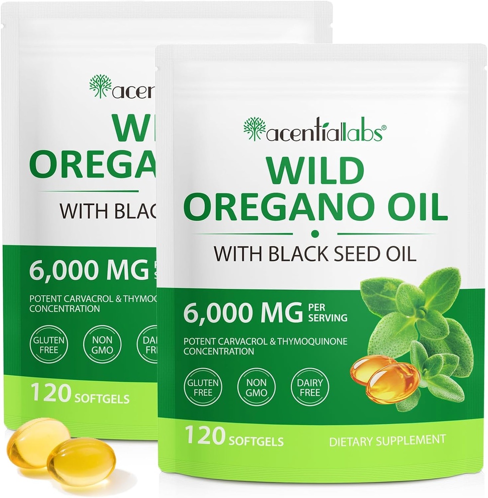 Oil of Oregano Softgels 6000mg 2 Pack, 2 in 1 Formulated with Black Seed Oil 120 Count, Oregano Oil Capsules Organic, Gluten Free Oil of Oregano Softgels, Non-GMO & Immune Support