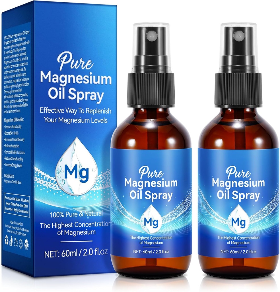 Magnesium Spray 2 pack, Magnesium Oil for Feet, Body, Skin, Sleep, Muscle Relaxation, 100% Pure Natural Topical Magnesium Oil Spray, Easy to Absorb