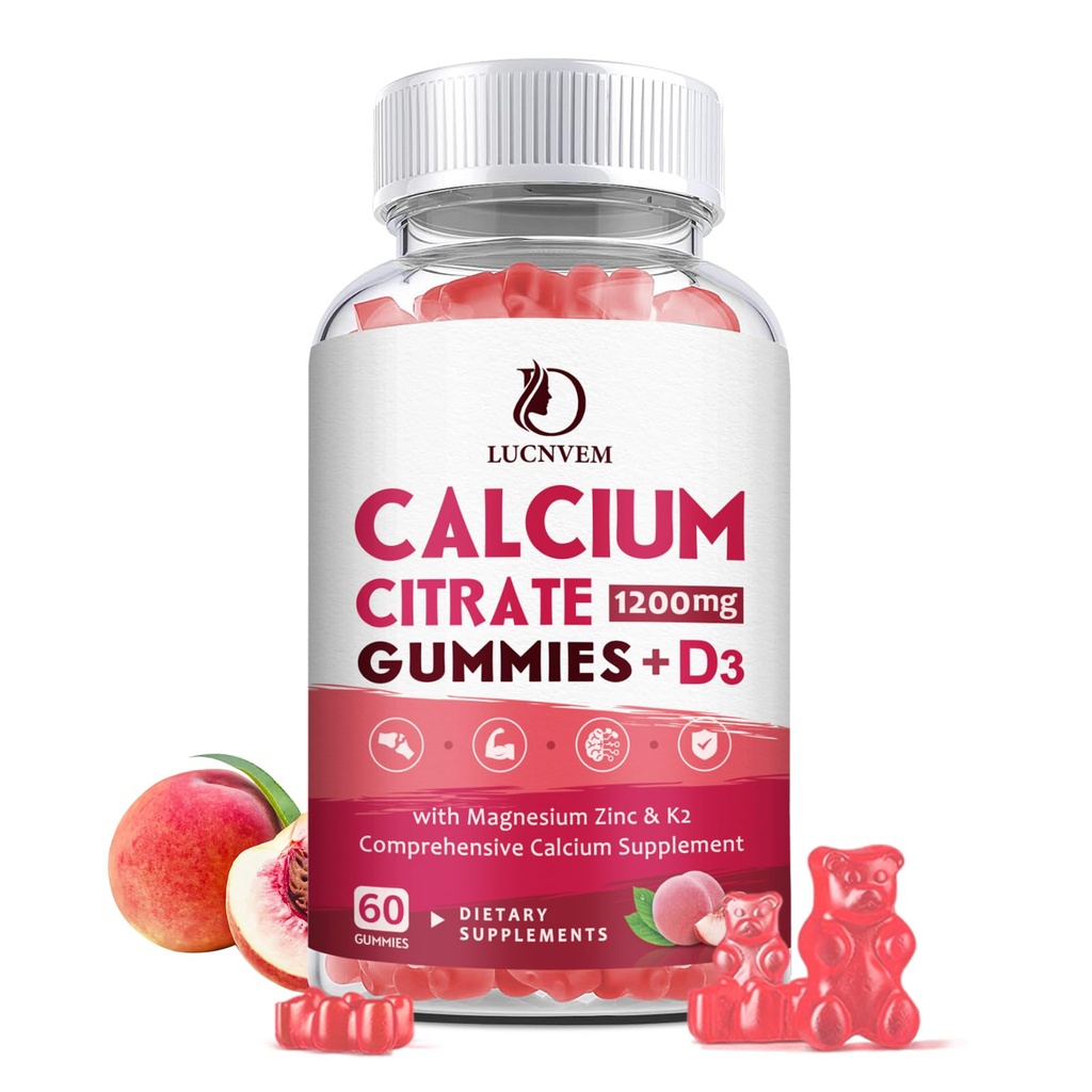 Calcium citraat 1200mg met vitamine D3 Gummies, Calcium Gummies met vitamine D3 voor vrouwen & mannen, Cal Magnesium Zink voor botspieren Gezond- Natural White Peach smaak- 30 dagen levering
