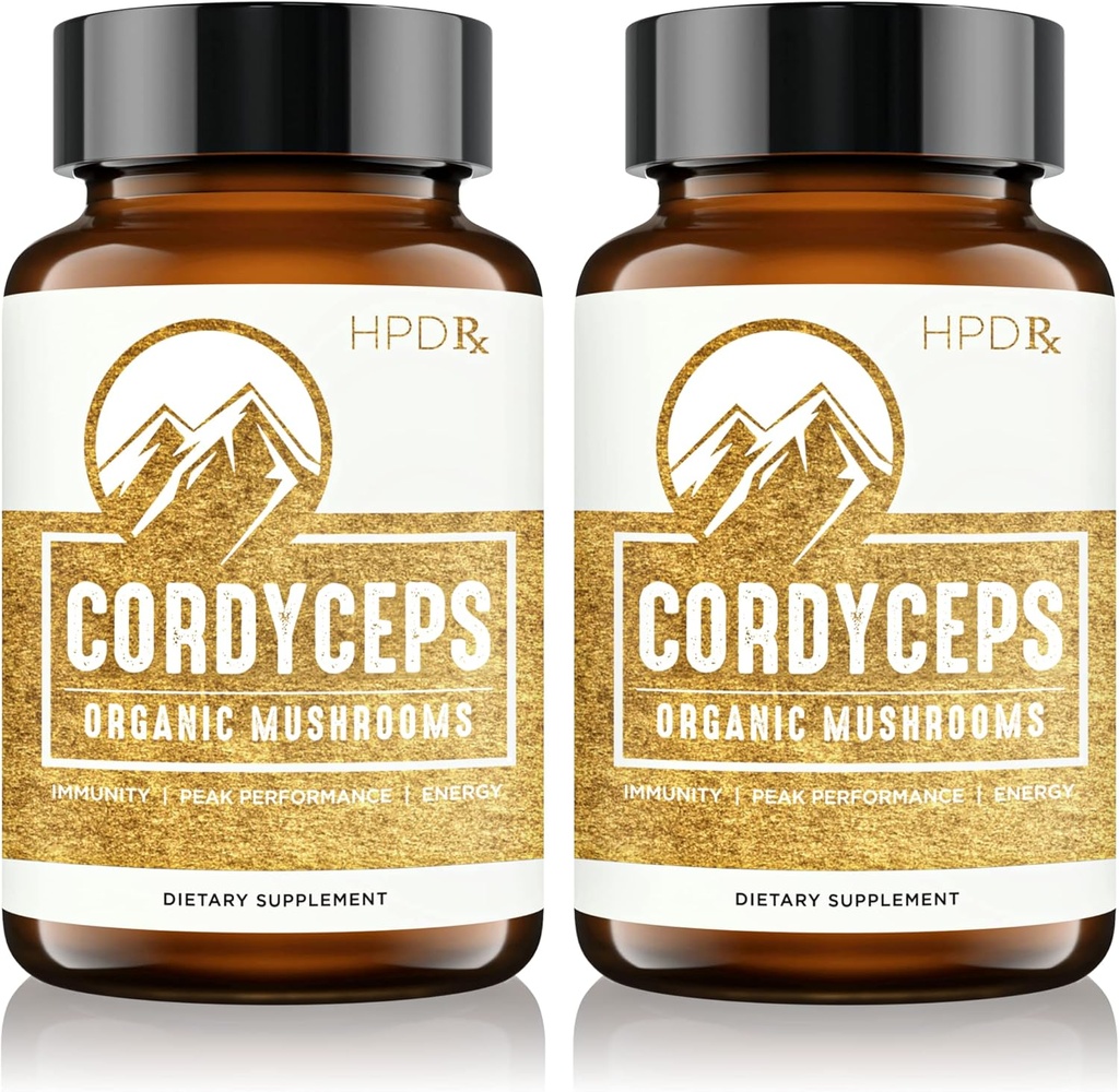 HPD Rx Premium Biologische Cordyceps Mushroom Extract Performance Supplement voor Energie, Duurzaamheid en Immuniteit 2250 mg, 240 Capsules, Verpakking van 2