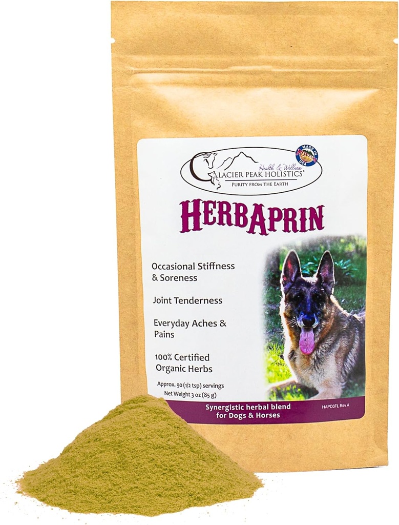Glacier Peak Holistics HerbAprin - Natuurlijke pijnverlichting voor honden, biologische kruidenmix voor artritis, pijn, ontsteking, mobiliteitsondersteuning en Hip & Joint Discomfort - 3oz (90 porties)