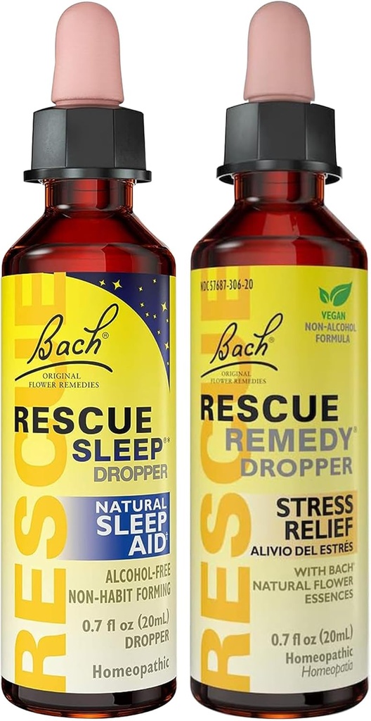 RESCUE Stress Relief & Slaapondersteuning Bundle, Niet-Alcohol Formules, Bach Remedy Dropper 20ml 2-Pack Slaapdruppel 20ml, Homeopathische Bloem Essences