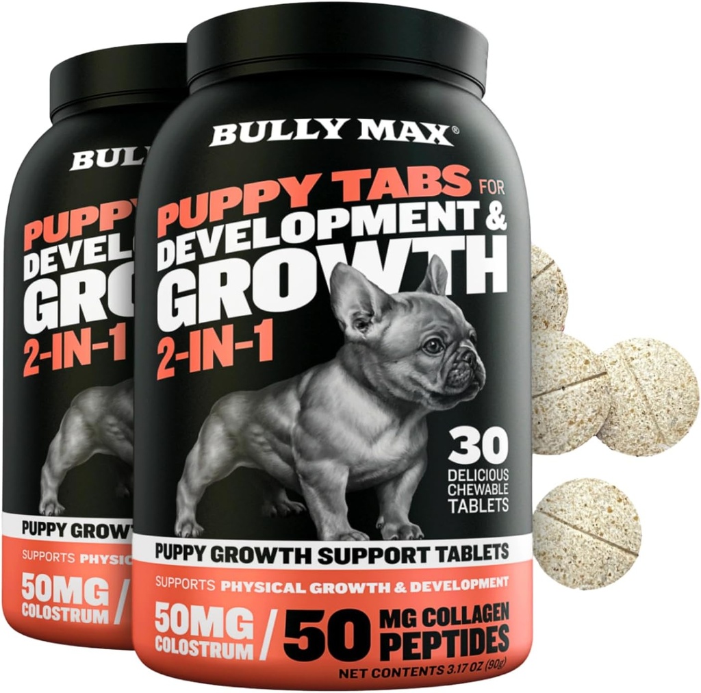 Bully Max 2-in-1 Puppy Vitamins - 30 Chewable Tablets for Growth & Development of Puppies - Multivitamin Treats & Essential Dog Supplements for Small Dogs & Large Breed Growing Pups - 2 Bottles
