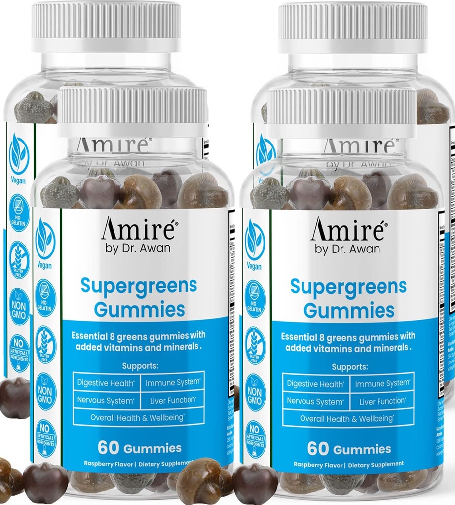 Amire by Dr. Awan Super Greens Gummies, Fruits & Veggies Supplement, Green Superfood for Immunity, Metabolisme, Leverfunctie & Zenuwstelsel, Essential 8 Greens, 240ct, 4-months Supply